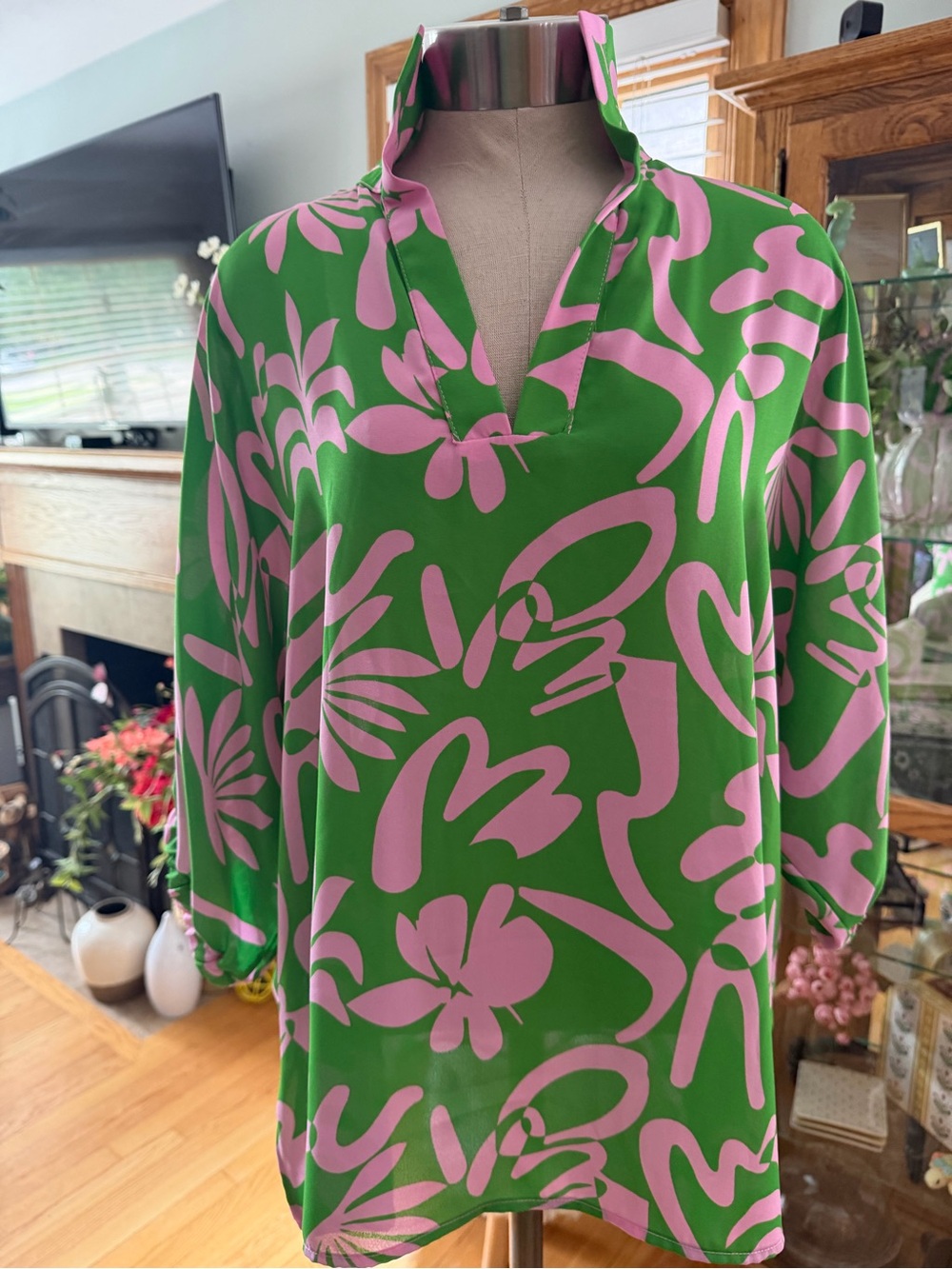 Adrienne Green Tunic Top with Pink Abstract Floral Print